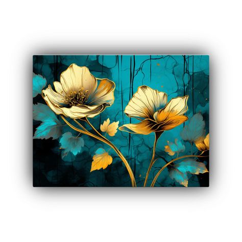 Arte En Lienzo Para Baño: Turquesa Y Oro En Atmósfera Neon 45x30cm-0