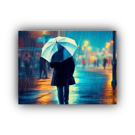 Pintura Decorativa: Hombre Mayor Con Paraguas Caminando. 60x40cm-0