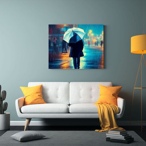 Pintura Decorativa: Hombre Mayor Con Paraguas Caminando. 60x40cm-2