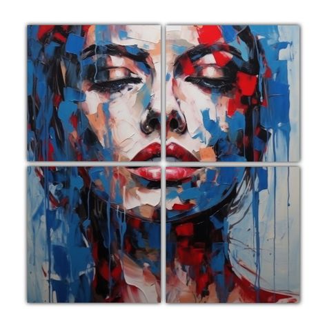 Cuadro Floral De Rostro Humano Con Fondo Azul 120x120 Cm-0