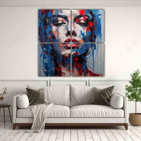 Cuadro Floral De Rostro Humano Con Fondo Azul 120x120 Cm-2