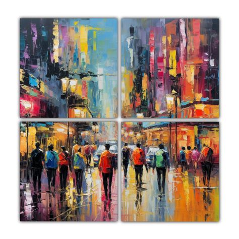 Cuatro Lienzos De Tela Minimalismo Urbano Vibrante 100x100 Cm-0