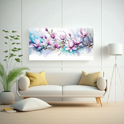 Cuadro De Magnolias En Colores Morado Y Turquesa,  40x20cm-2