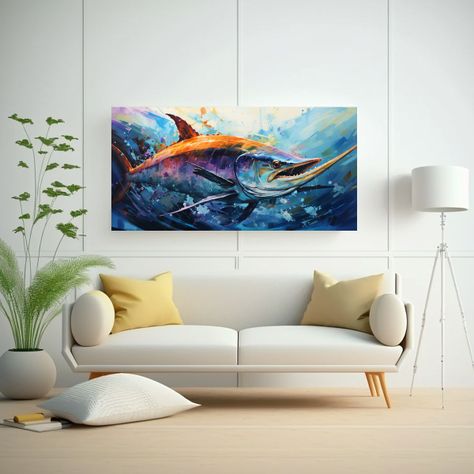 Pintura Arte Neo Pop Marlin Azul En Colores Jade Y 100x50cm-2