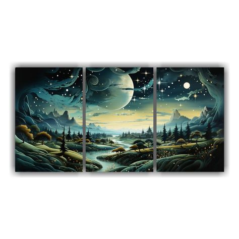 Pintura Set 3 Artes Moderno Montaña Luna Estilo 150x75 Cm-0
