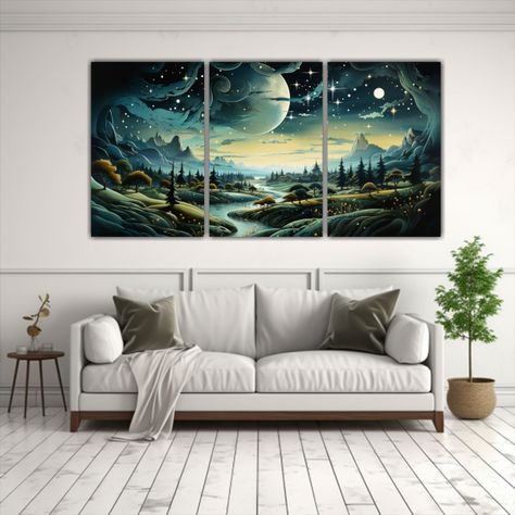 Pintura Set 3 Artes Moderno Montaña Luna Estilo 150x75 Cm-2