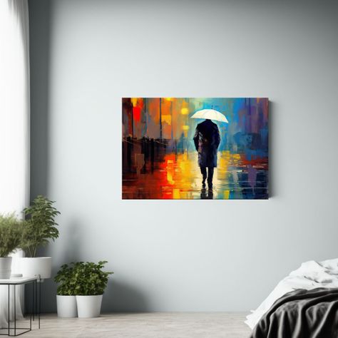 Cuadro De Tela: Silueta De Anciano Con Paraguas Paseando 50x40cm-2