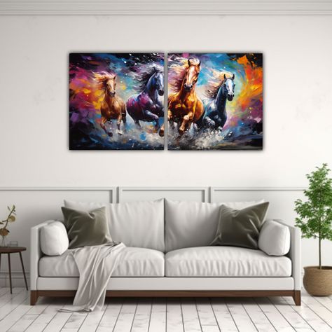 Cuadros De Caballos Abstractos En Lienzo: 100x50 Cm-2
