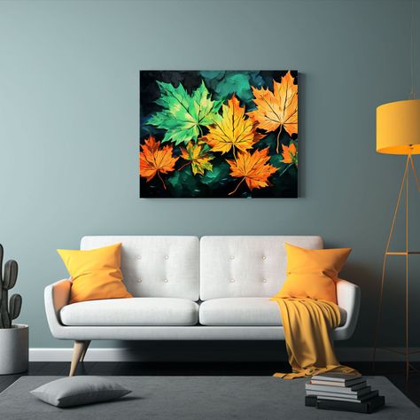 Pinturas De Hojas De Arce En Verde Y Naranja En Perspectiva  90x60cm-2