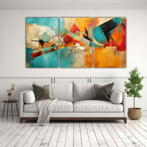 Tres Telas En Bastidor Vintage Baño Abstracto 180x90 Cm-2