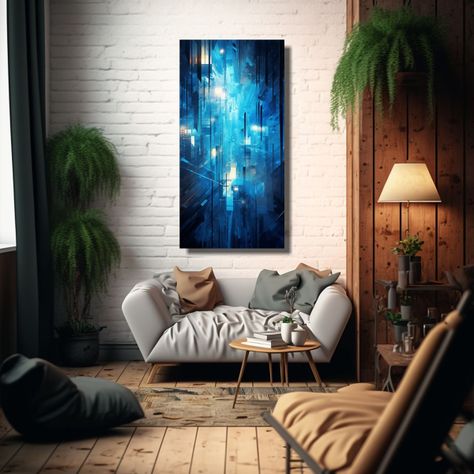 Cuadro Abstracto Azul Con Luces Y Líneas, 40x80cm-2
