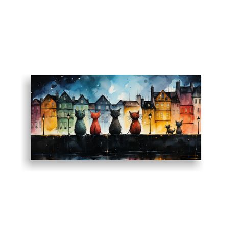Cuadro Arte Gráfico Gatos En Tejado Mirando 160x80cm-0