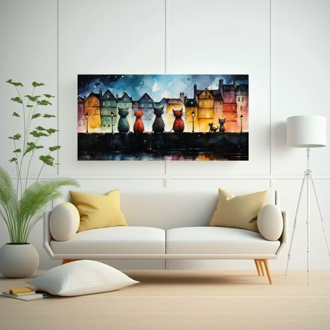 Cuadro Arte Gráfico Gatos En Tejado Mirando 160x80cm-2