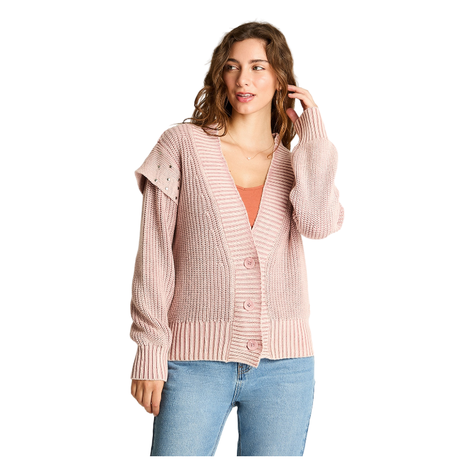 Cardigan Manga Larga Acid Wash Tachas Rosado-0