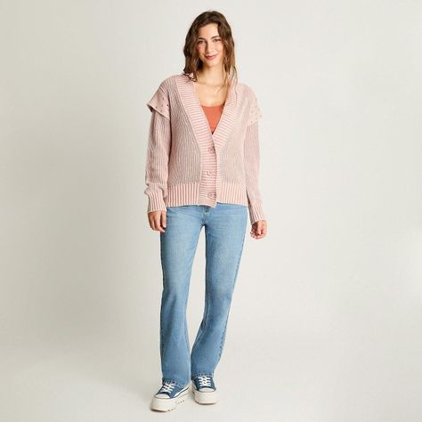 Cardigan Manga Larga Acid Wash Tachas Rosado-3