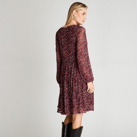 Vestido Midi Negro Manga Larga Estampado Cuello V-1