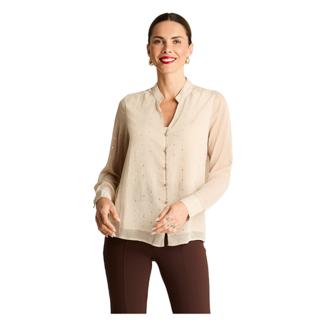 Blusa Manga Larga Escote Mao Tela Fantasia Beige-0