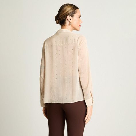 Blusa Manga Larga Escote Mao Tela Fantasia Beige-1
