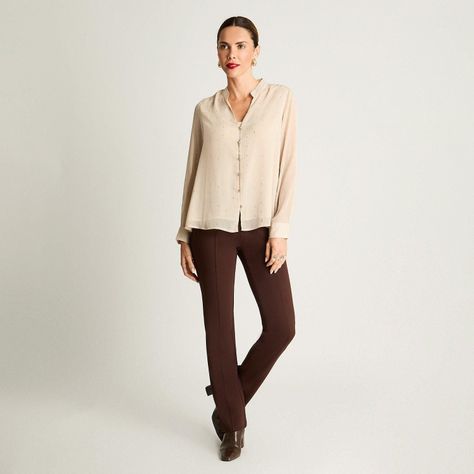 Blusa Manga Larga Escote Mao Tela Fantasia Beige-3