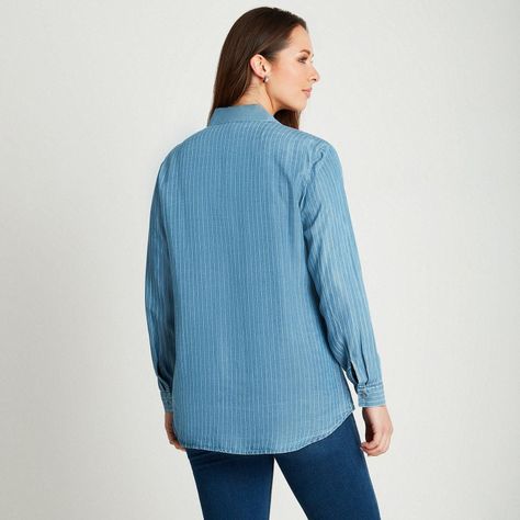 Blusa Azul Medio Manga Larga con Cuello Camisero-1