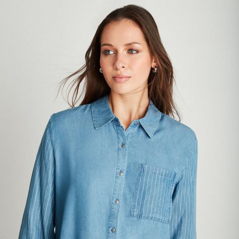 Blusa Azul Medio Manga Larga con Cuello Camisero-2