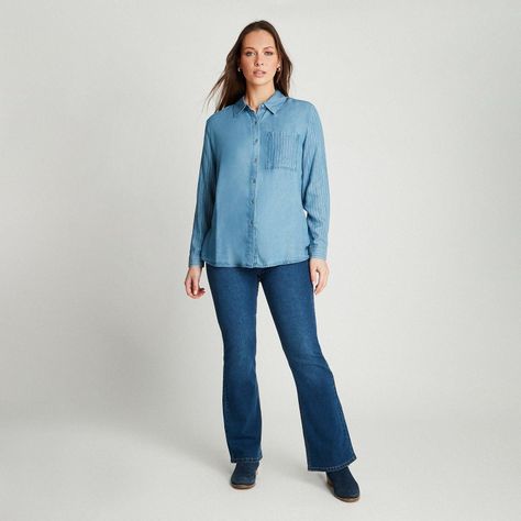 Blusa Azul Medio Manga Larga con Cuello Camisero-3