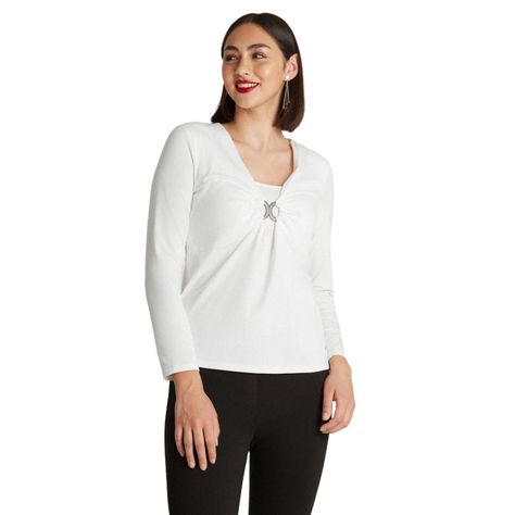 Polera Manga Larga Con Escote En V y Argolla Blanco-0