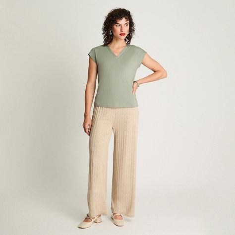 Polera Manga Corta Escote V Con Lurex Verde-3