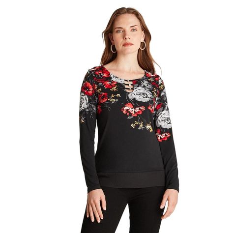 Polera Manga Larga Estampada Con Detalle En Escote Negro-0