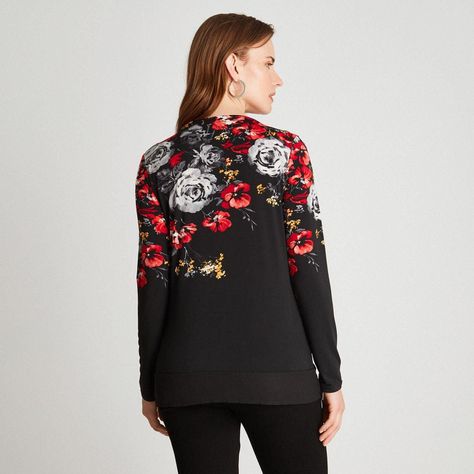 Polera Manga Larga Estampada Con Detalle En Escote Negro-1