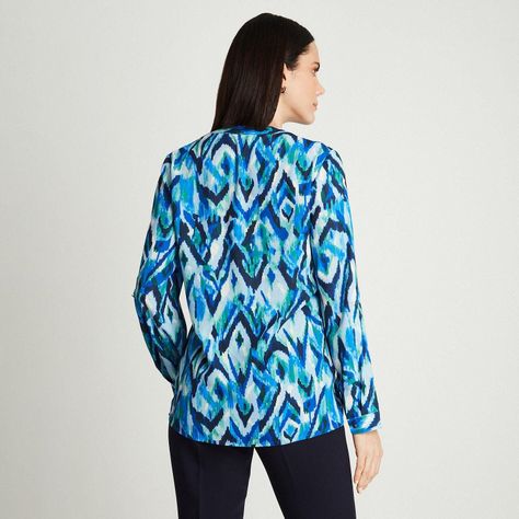 Blusa Azul Manga Larga Estampado Cuello Mao-1