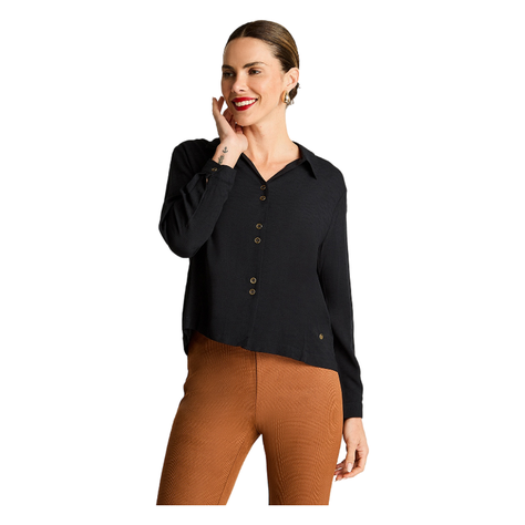 Blusa Manga Larga Tela Fantasia Escote V Negro-0