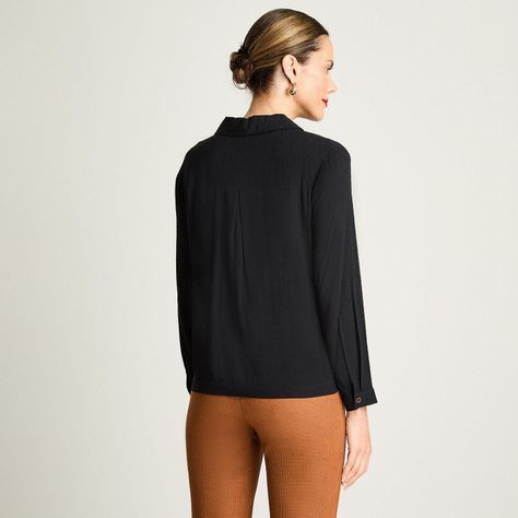 Blusa Manga Larga Tela Fantasia Escote V Negro-1