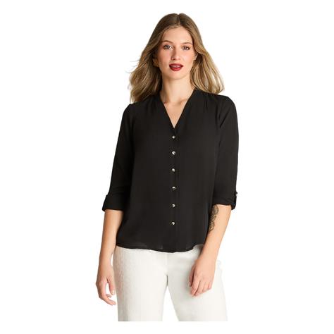 Blusa Escote V Manga Larga Con Botones Dorados Negro-0