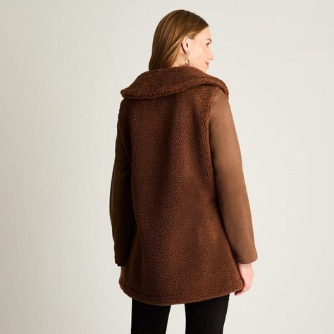 Polerón Sherpa Con Mangas En Suede Y Cuello Alto Café-0