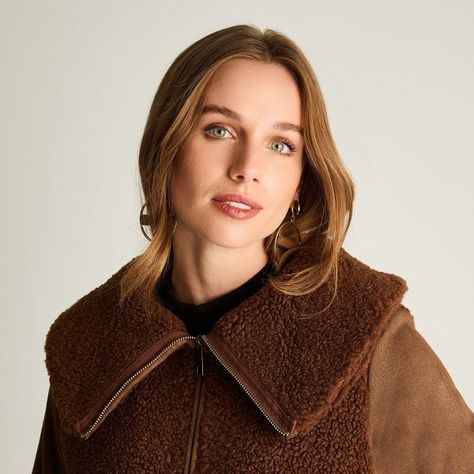 Polerón Sherpa Con Mangas En Suede Y Cuello Alto Café-1