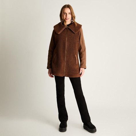 Polerón Sherpa Con Mangas En Suede Y Cuello Alto Café-2