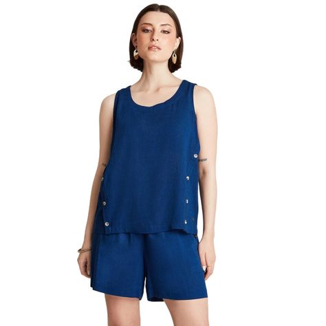 Blusa Azul Sin Manga Cuello Redondo-0