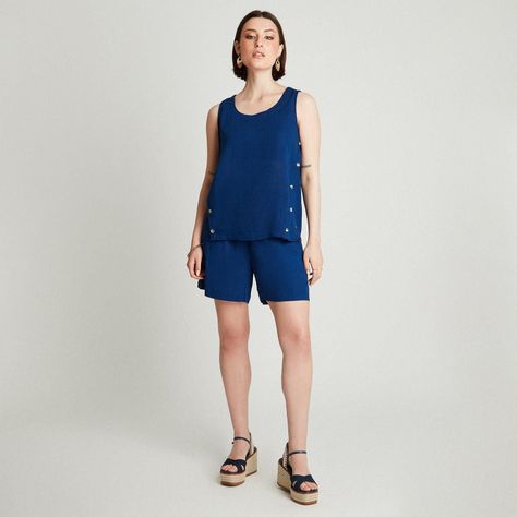 Blusa Azul Sin Manga Cuello Redondo-3