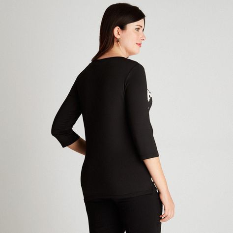 Polera Negro Manga 3,4 Estampado Cuello Redondo-1