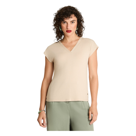 Polera Manga Corta Escote V Con Lurex Beige-0