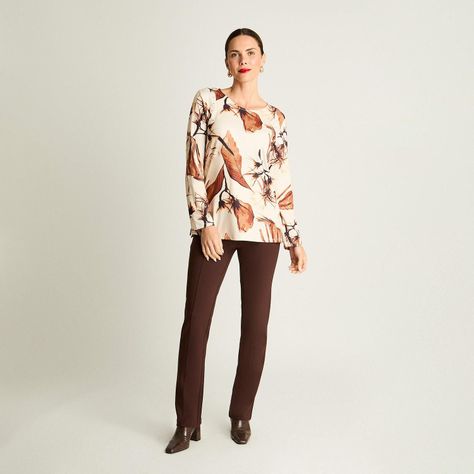 Polera Manga Larga Escote Redondo Estampada Beige-3