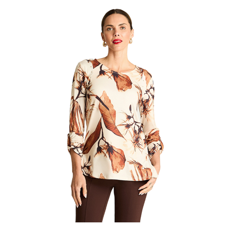 Polera Manga Larga Escote Redondo Estampada Beige-0