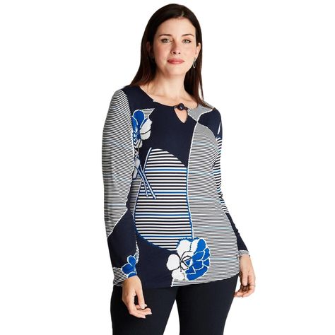 Polera Azul Manga Larga Estampado Cuello V-0