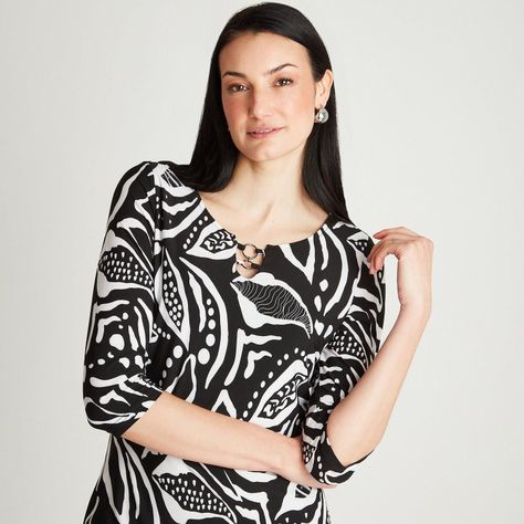 Vestido Midi Negro Manga 3/4 Estampado Cuello Redondo-2