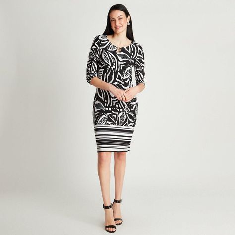Vestido Midi Negro Manga 3/4 Estampado Cuello Redondo-3