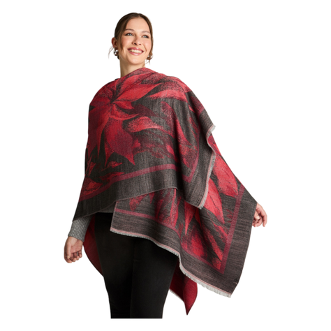 Poncho Tejido Con Diseño De Flores Rojo-0