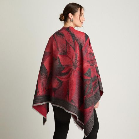 Poncho Tejido Con Diseño De Flores Rojo-1