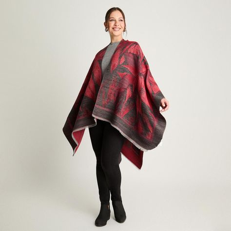 Poncho Tejido Con Diseño De Flores Rojo-3