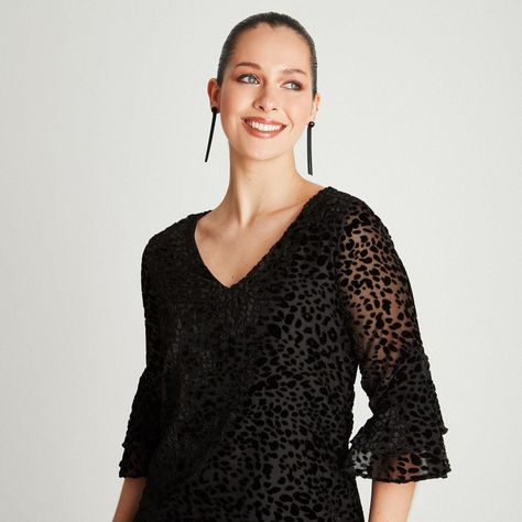 Vestido Negro Manga 3,4 Cuello V-2